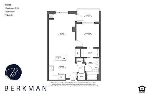 Floor plan for 1 bed, 1 bath, 714 sqft